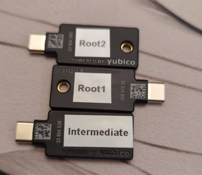 PKI relying on a set of 3 YubiKeys: 2 for the root CA and 1 for the
intermediate CA.