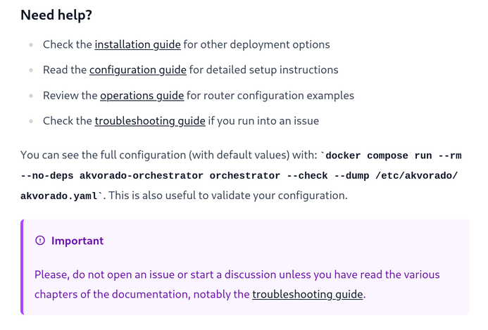 Avertissement dans la documentation d'Akvorado demandant à un utilisateur de
ne pas ouvrir un ticket ou démarrer une discussion avant d'avoir lu la
documentation