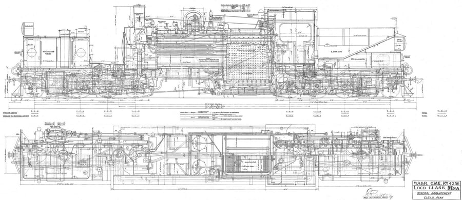Locomotive à vapeur articulée Garratt de classe Msa des Western Australian
Government Railways : élévation et plan