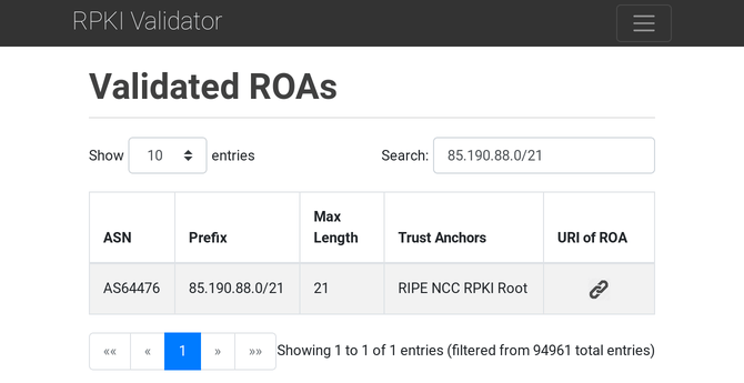 Screenshot from an instance of RPKI validator showing the validity
of 85.190.88.0/21 for AS 64476