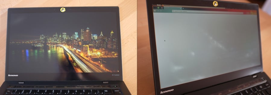 ThinkPad X1 Carbon screen with a regular image on left and blank
background on right