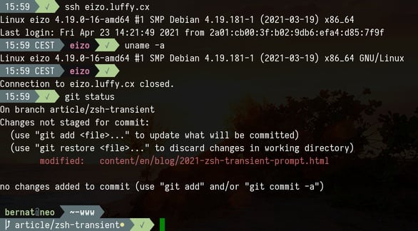 Demonstration of a transient prompt with Zsh: past prompts use a
more compact form
